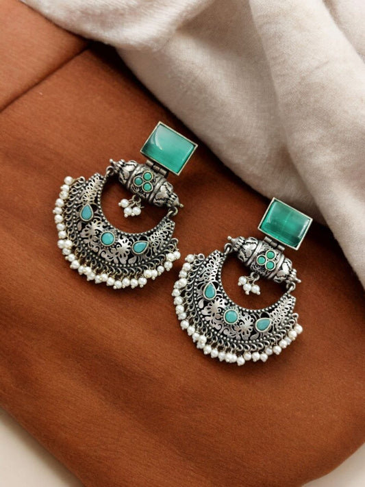 Maabetii Turquoise Silver Look- Alike Chandbali Earrings with Square Stone