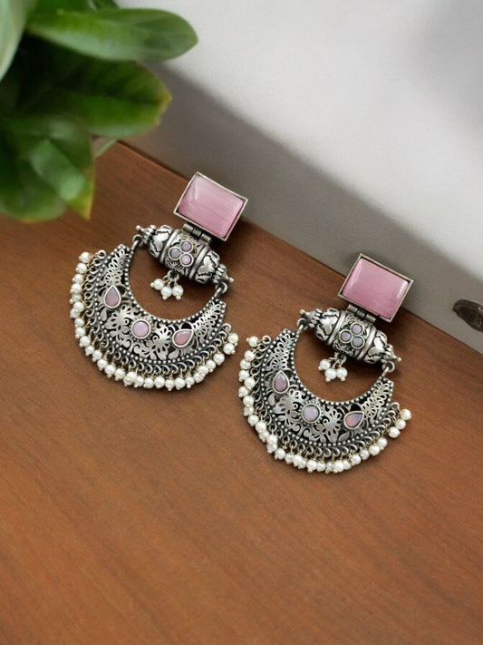 Maabetii Pink Silver Look- Alike Chandbali Earrings with Square Stone