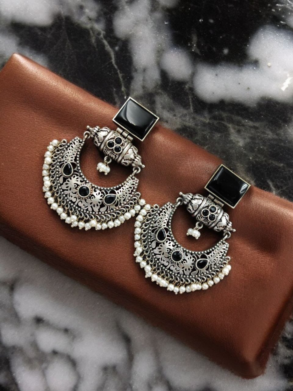 Maabetii Black Silver Look- Alike Chandbali Earrings with Square Stone