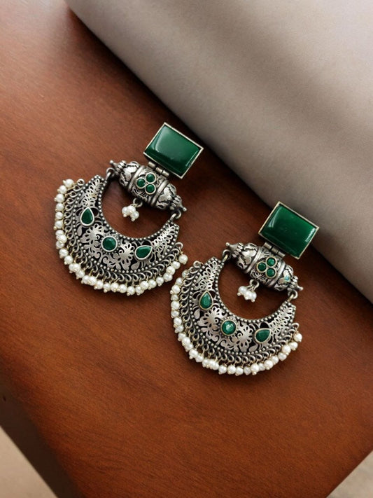 Maabetii Green Silver Look- Alike Chandbali Earrings with Square Stone