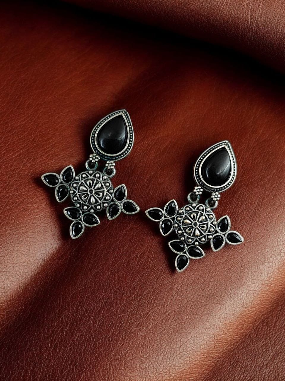 Maabetii Black Silver Look- Alike Earring with Attractive Drop Monalisa Stone Work