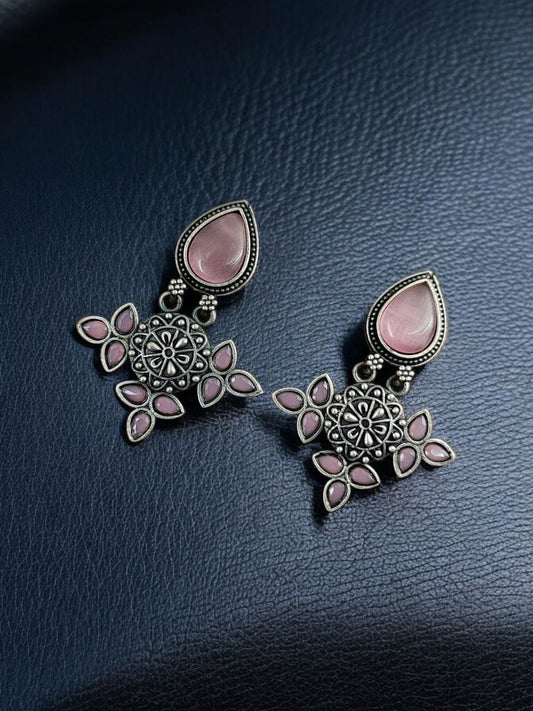 Maabetii Pink Silver Look- Alike Earring with Attractive Drop Monalisa Stone Work