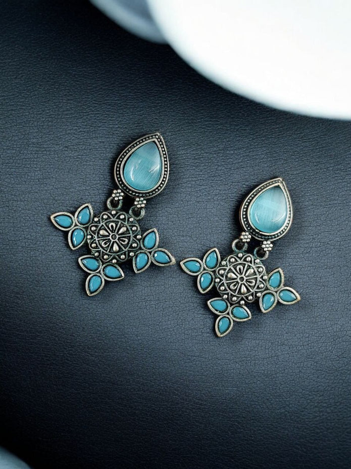 Maabetii Sky Blue Silver Look- Alike Earring with Attractive Drop Monalisa Stone Work