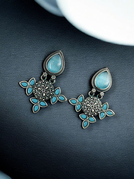 Maabetii Sky Blue Silver Look- Alike Earring with Attractive Drop Monalisa Stone Work