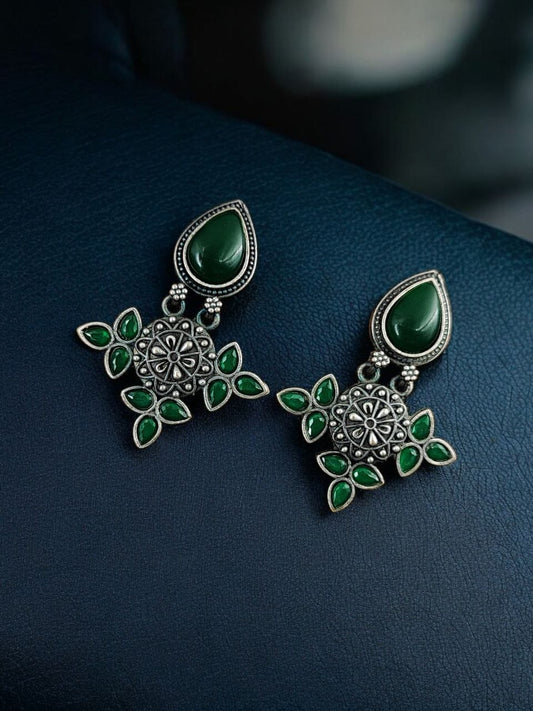 Maabetii Green Silver Look- Alike Earring with Attractive Drop Monalisa Stone Work