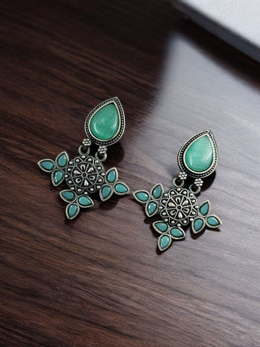 Maabetii Turquoise Silver Look- Alike Earring with Attractive Drop Monalisa Stone Work