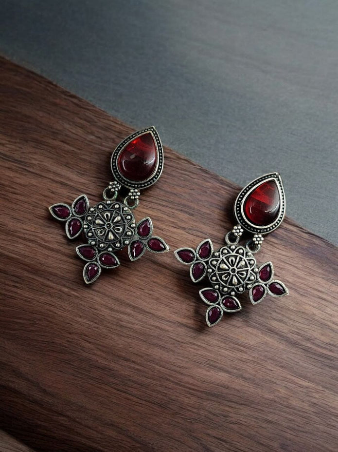 Maabetii Red Silver Look- Alike Earring with Attractive Drop Monalisa Stone Work
