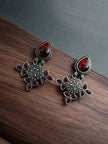 Maabetii Red Silver Look- Alike Earring with Attractive Drop Monalisa Stone Work