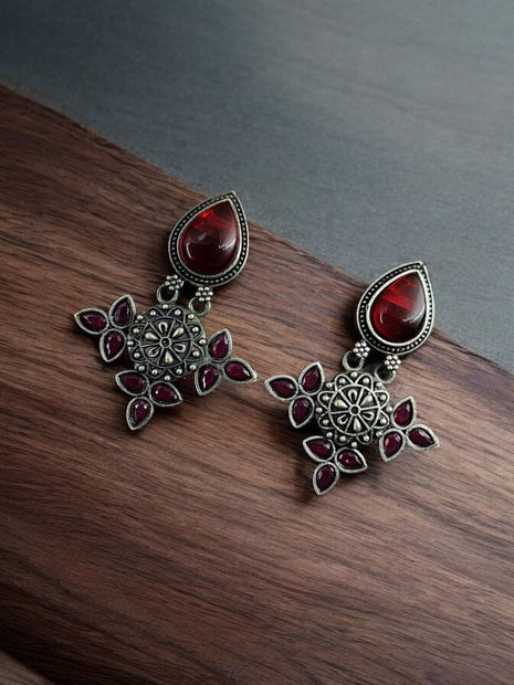 Maabetii Red Silver Look- Alike Earring with Attractive Drop Monalisa Stone Work