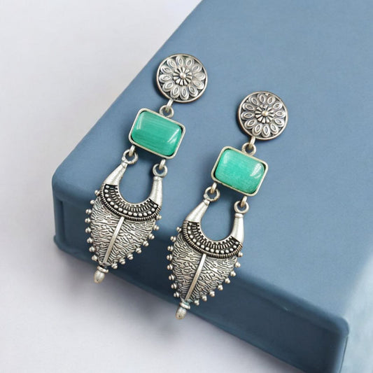 Maabetii Turquoise Silver Look- Alike Jhumka  with Square Stone