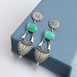 Maabetii Turquoise Silver Look- Alike Jhumka  with Square Stone