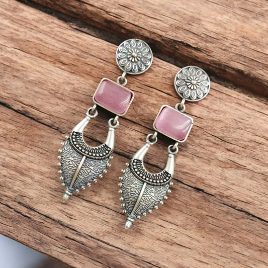 Maabetii Pink Silver Look- Alike Jhumka  with Square Stone