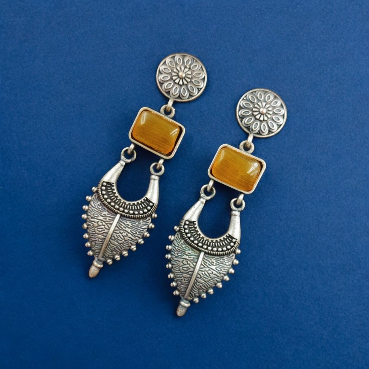 Maabetii Yellow Silver Look- Alike Jhumka  with Square Stone