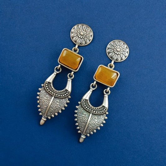 Maabetii Yellow Silver Look- Alike Jhumka  with Square Stone