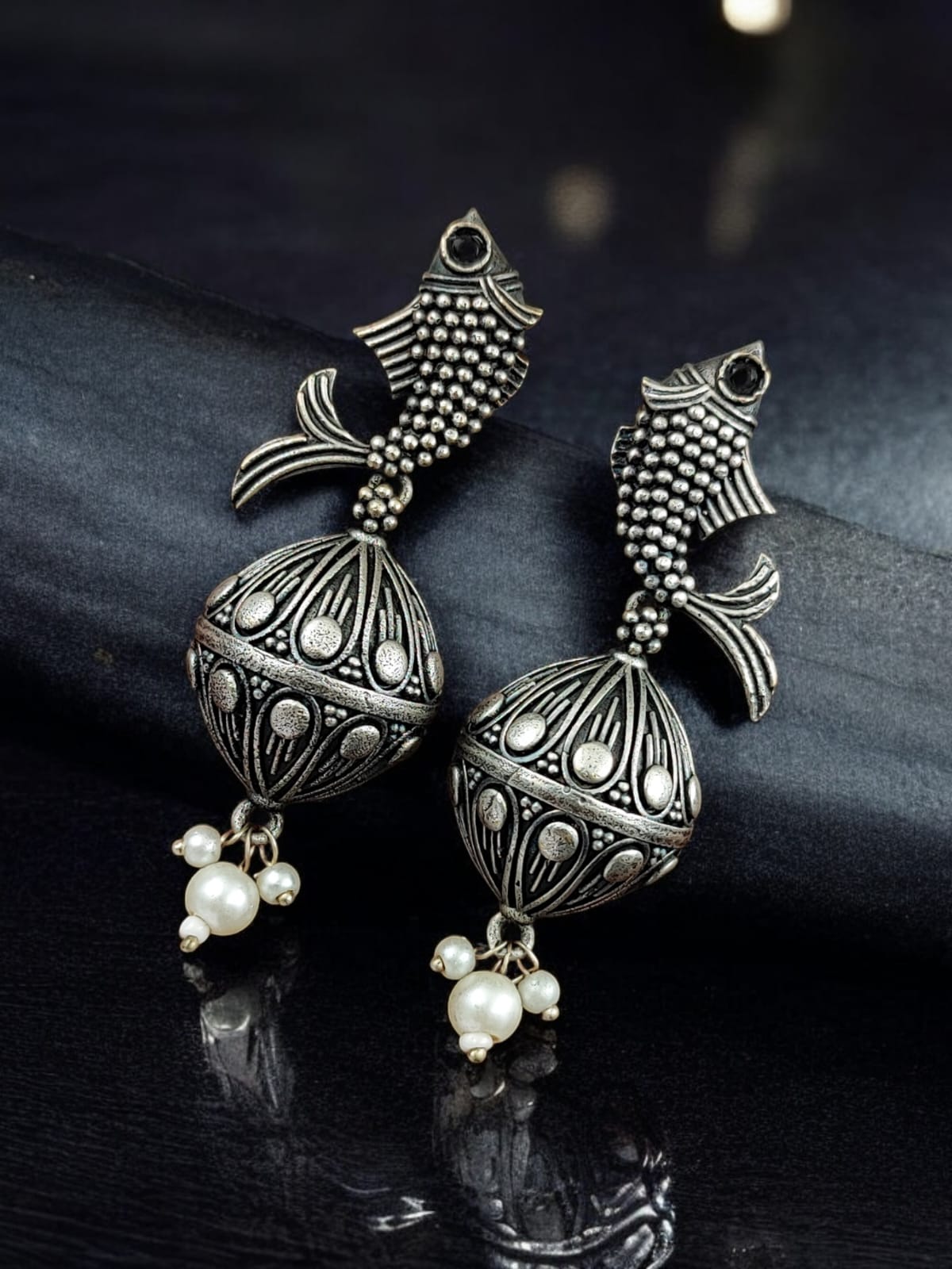 Maabetii Oxidised Silver Look Fish Jhumka Earrings