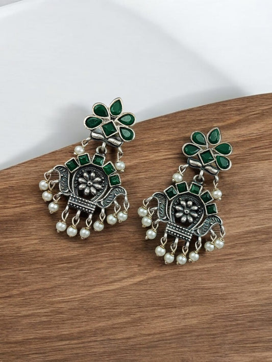 Maabetii Green Oxidised Silver Look Dangler Jhumka