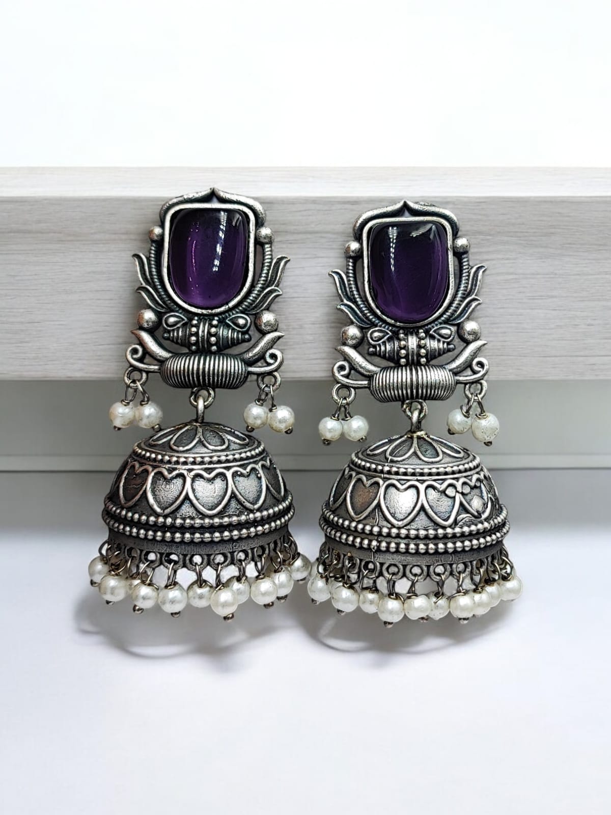Maabetii Purple Silver Look Monalisa Stone Work Jhumka