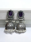 Maabetii Purple Silver Look Monalisa Stone Work Jhumka