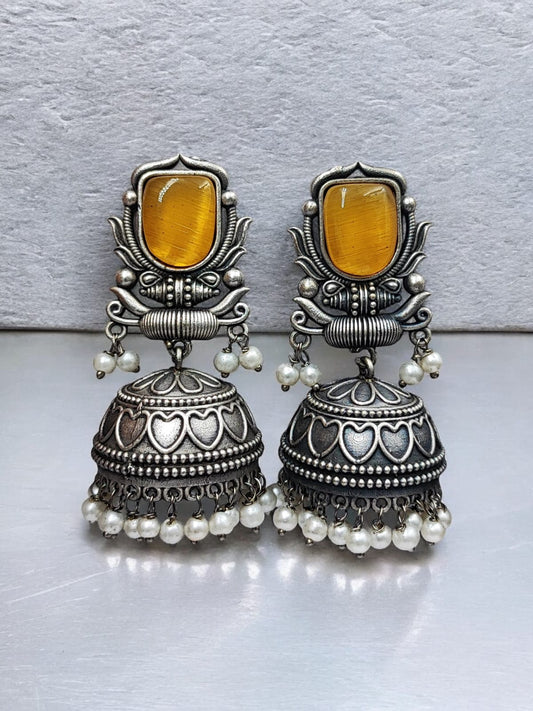 Maabetii Yellow Silver Look Monalisa Stone Work Jhumka