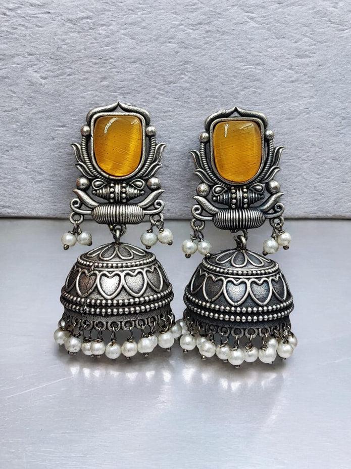 Maabetii Yellow Silver Look Monalisa Stone Work Jhumka