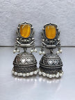 Maabetii Yellow Silver Look Monalisa Stone Work Jhumka