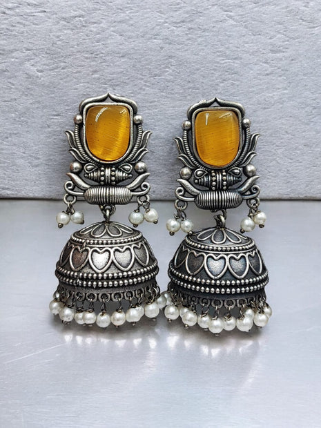 Maabetii Yellow Silver Look Monalisa Stone Work Jhumka