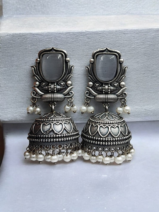 Maabetii Grey Silver Look Monalisa Stone Work Jhumka