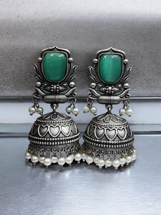 Maabetii Green Silver Look Monalisa Stone Work Jhumka