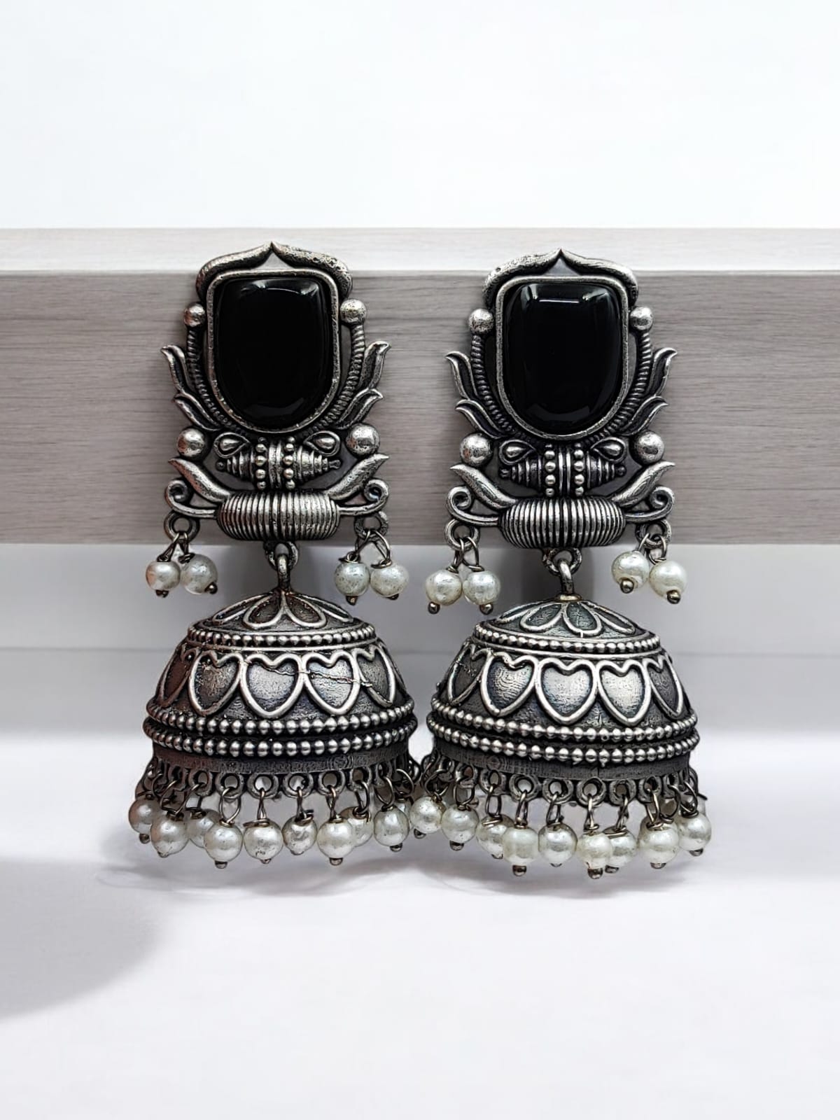 Maabetii Black Silver Look Monalisa Stone Work Jhumka