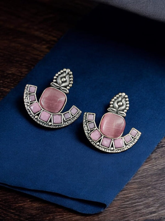 Maabetii Pink Antique Oxidised Stone Stud Earring