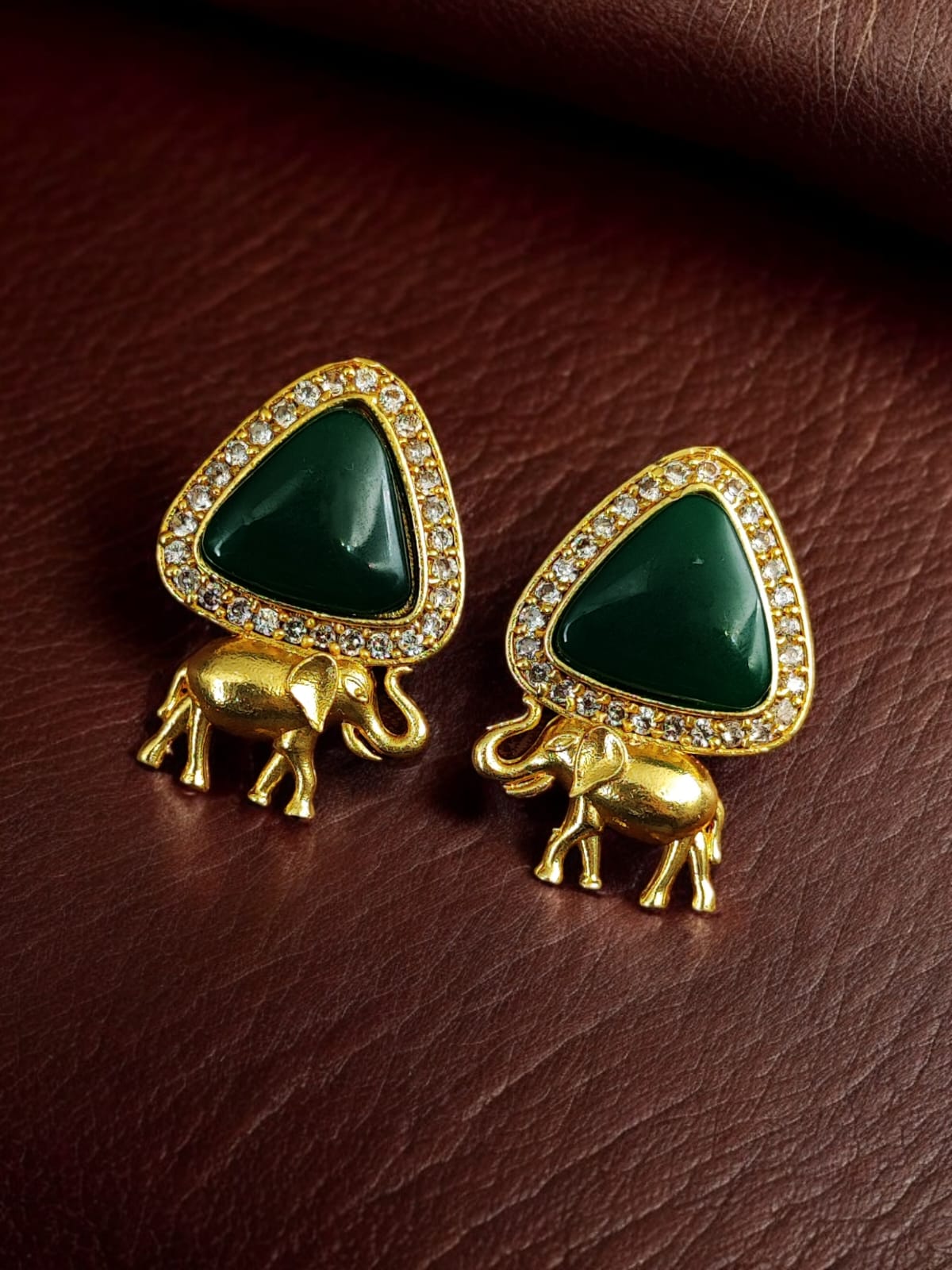 Maabetii Green Gold-Plated Elephant Design Stud Stone Earrings