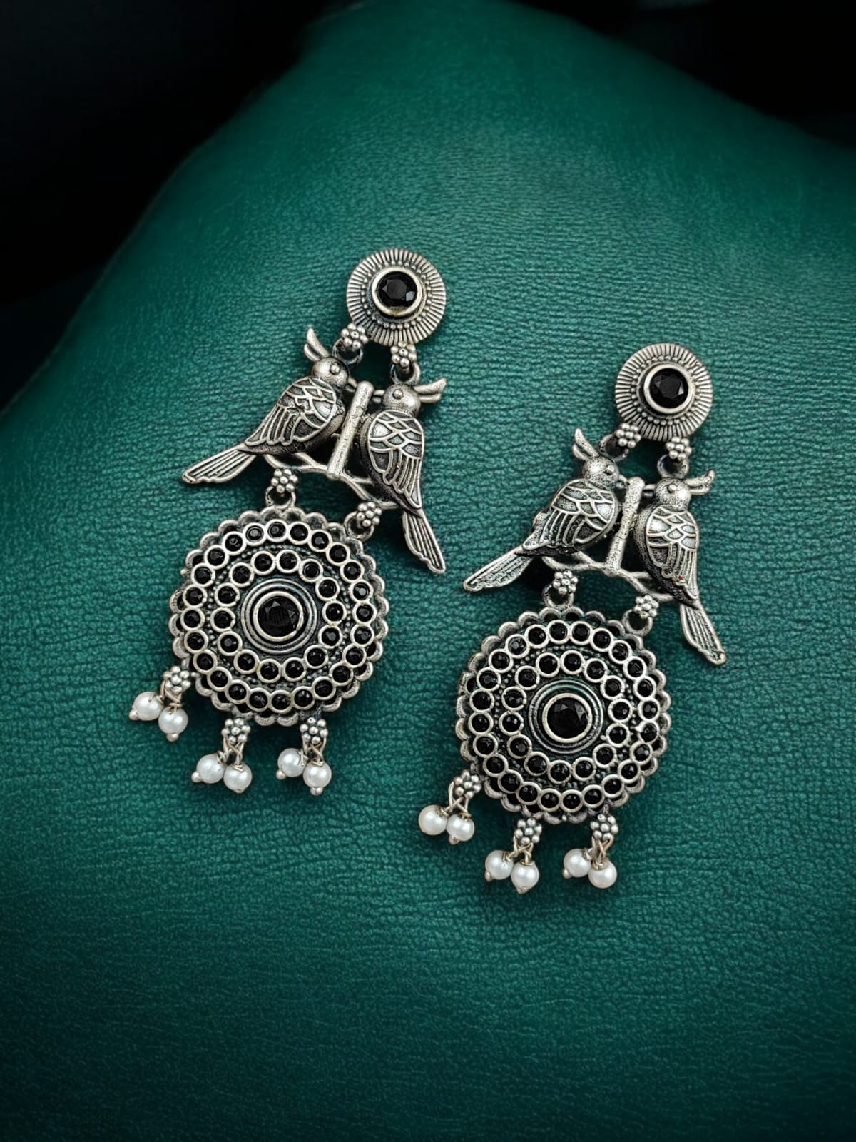 Maabetii Silver Look Bird Oxidised Stone Stud Earrings