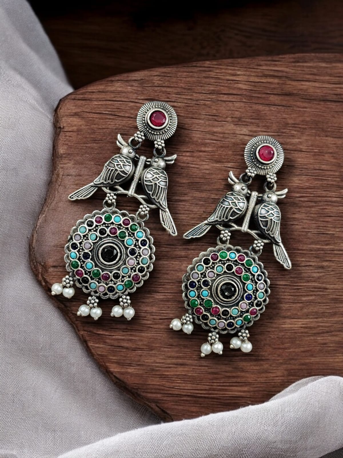 Maabetii Silver Look Bird Oxidised Multicolor Stone Stud Earrings