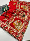 Maabetii Red Pure Dola Silk Meenakari Zari Work Saree with Contrast Blouse
