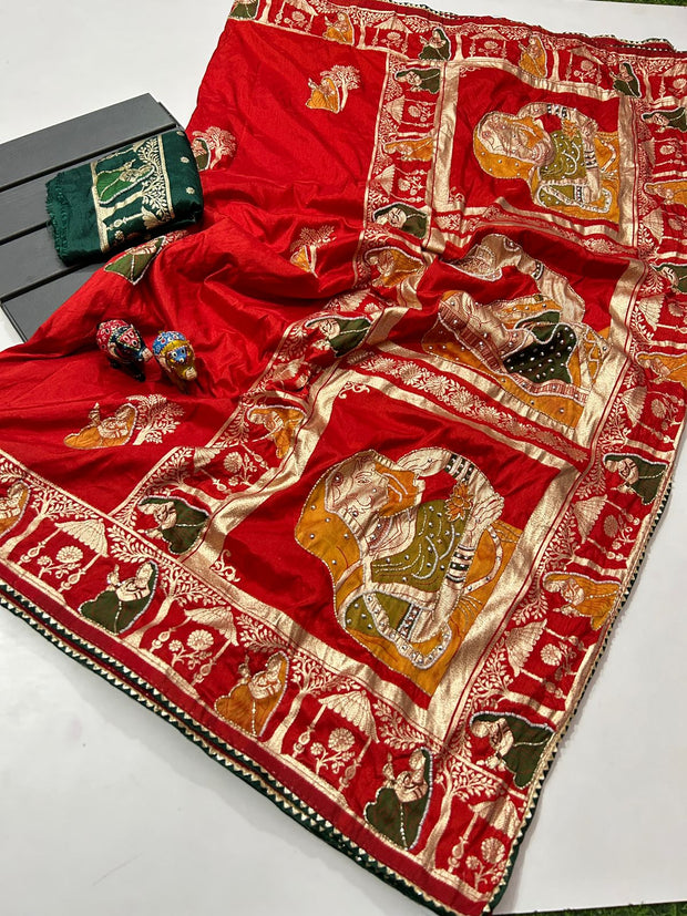 Maabetii Red Pure Dola Silk Meenakari Zari Work Saree with Contrast Blouse