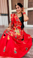 Maabetii Red Pure Dola Silk Meenakari Zari Work Saree with Contrast Blouse