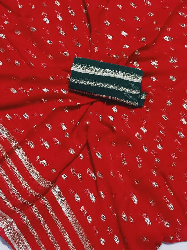 Georgette saree with golden zari lines and Jaipuri color theme

