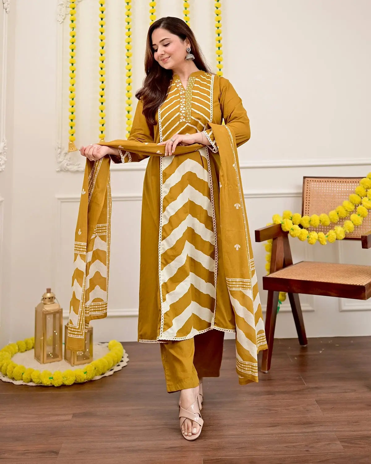 Jaipuri panel print cotton kurti pant set with malmal dupatta