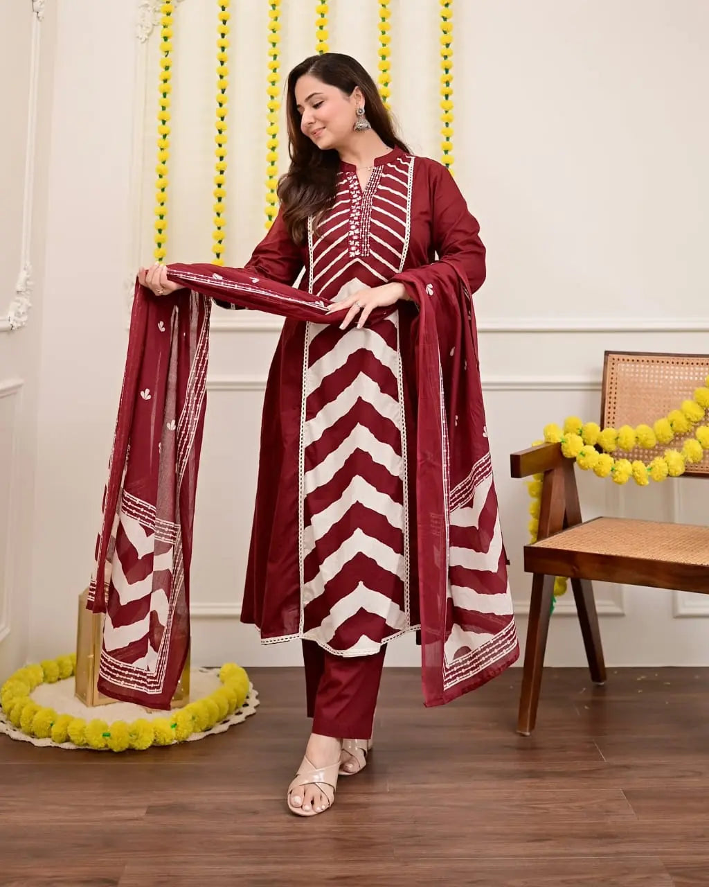 Cotton 60×60 panel print kurti with embroidery and lace work