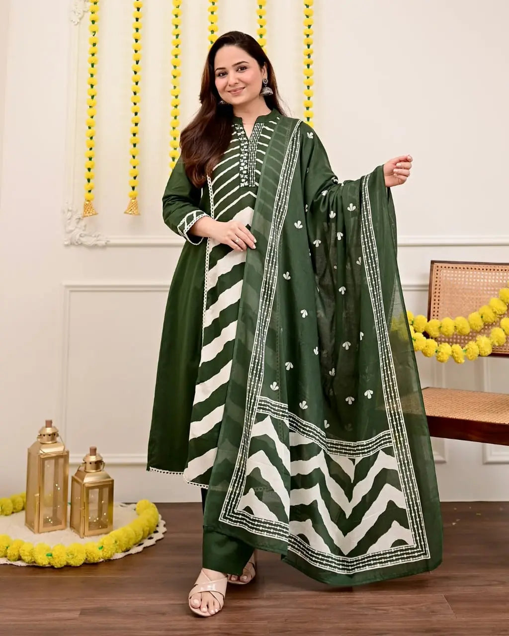 Printed Jaipuri cotton suit set with straight pant and dupatta