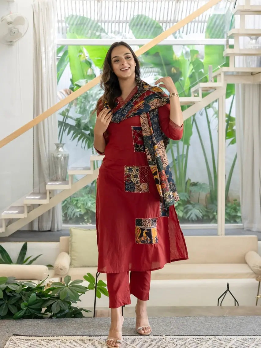 Kantha handwork cotton kurti pant set with tassels – festive wear