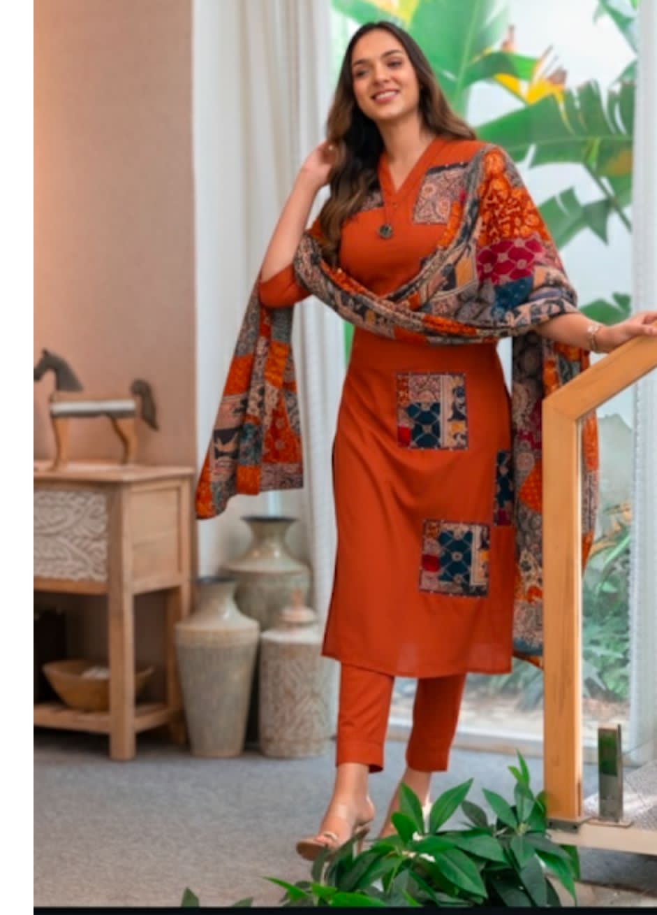 Elegant cotton suit set in rust, mehroon & black shades