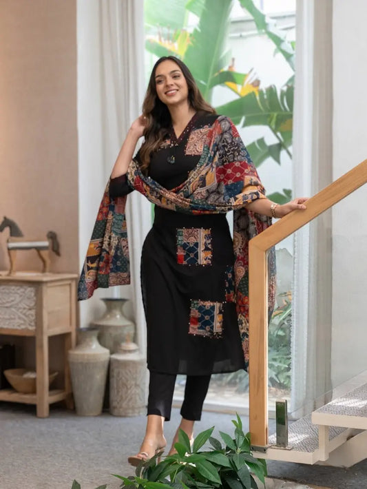 khadi cotton suit with patch work and embroidery