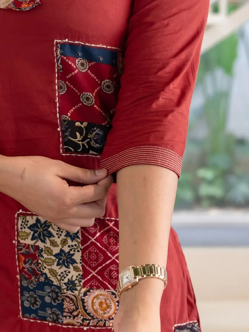 Women’s festive cotton kurta pant outfit with kantha detailing