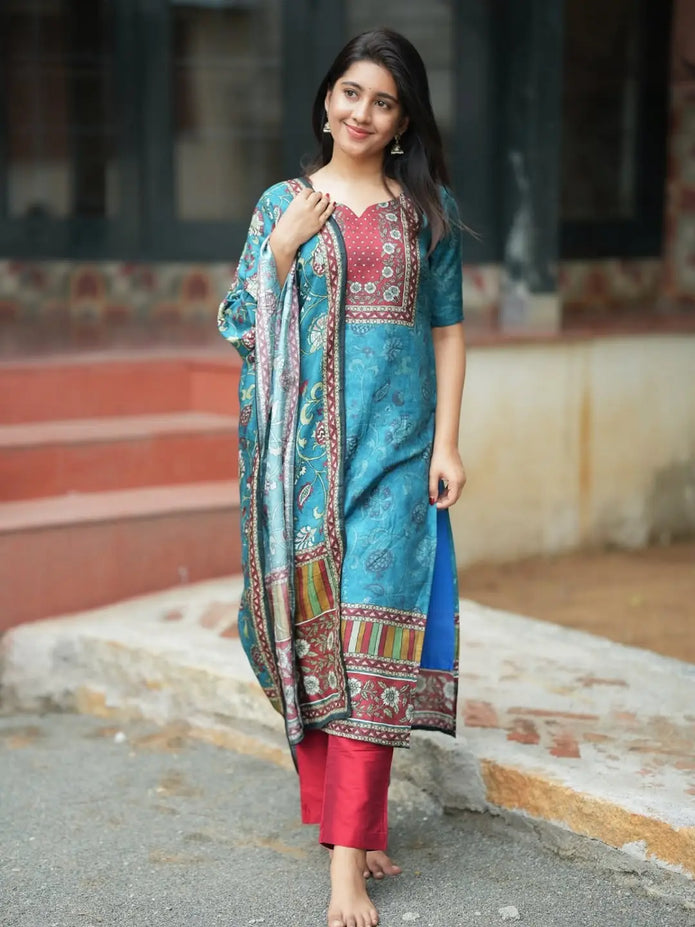 Blue KitKat silk suit set with printed dupatta and Maharaja pant