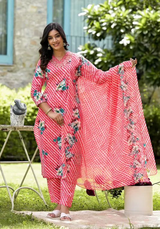 Teej special lahriya cotton kurti set with dupatta

