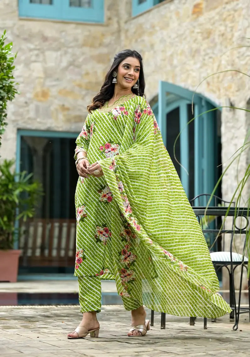  cotton kurti and pant set with lahariya dupatta
