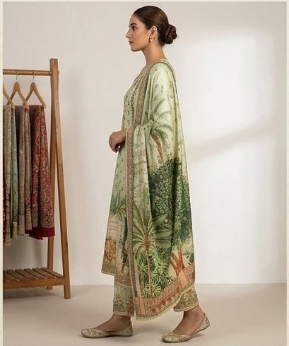 Light green straight fit Roman silk kurta set with digital print