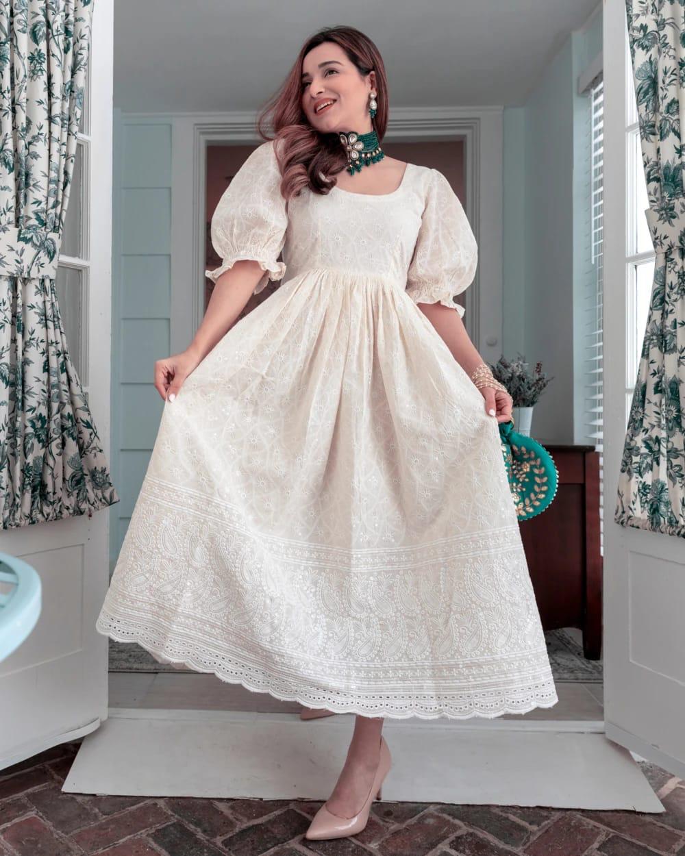 Off white Lucknowi chikankari cotton dress with hand embroidery