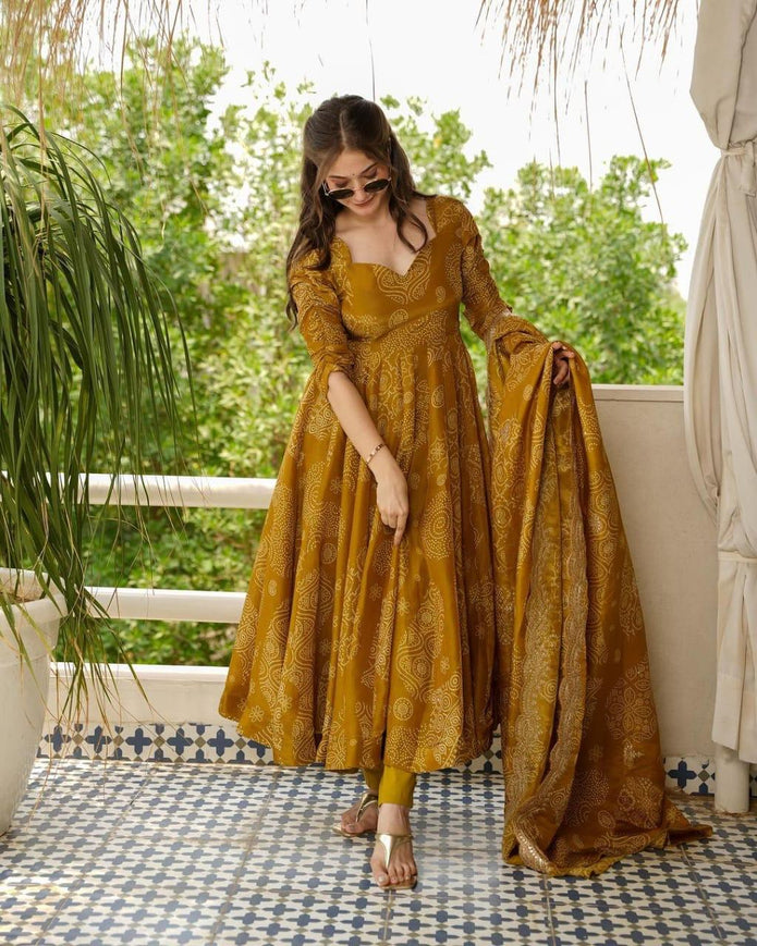 Maabetii Yellow Cotton Bandhani Print Anarkali Suit Set